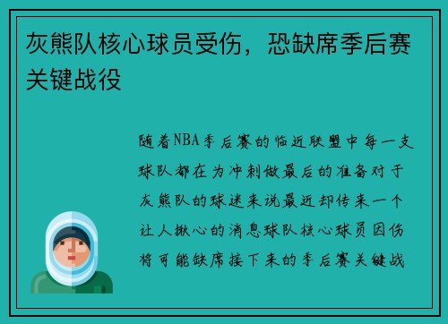 灰熊队核心球员受伤，恐缺席季后赛关键战役