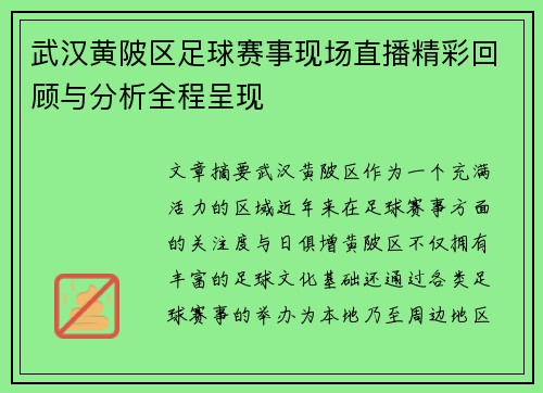 武汉黄陂区足球赛事现场直播精彩回顾与分析全程呈现